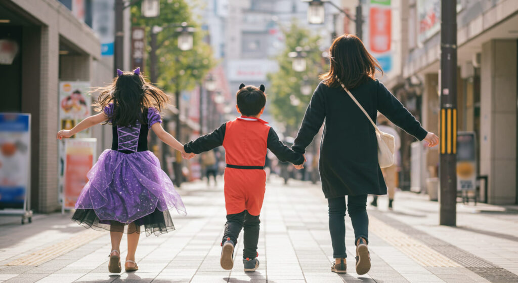 ハロウィンにはしゃぐ家族