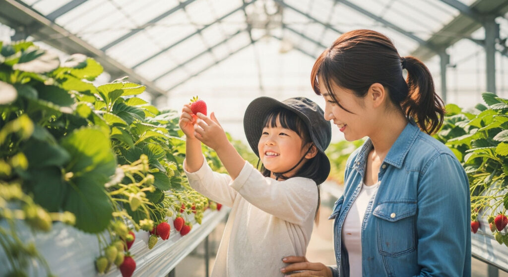 いちご狩りする親子