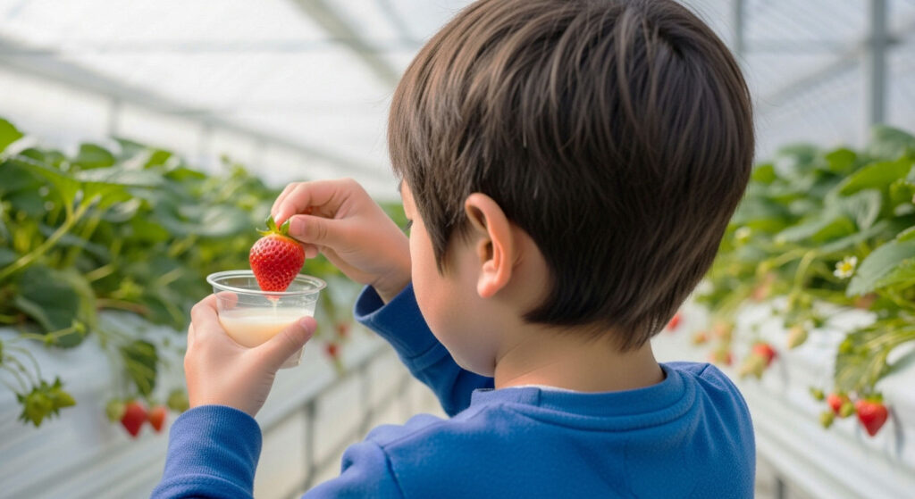 いちごに練乳をつける少年