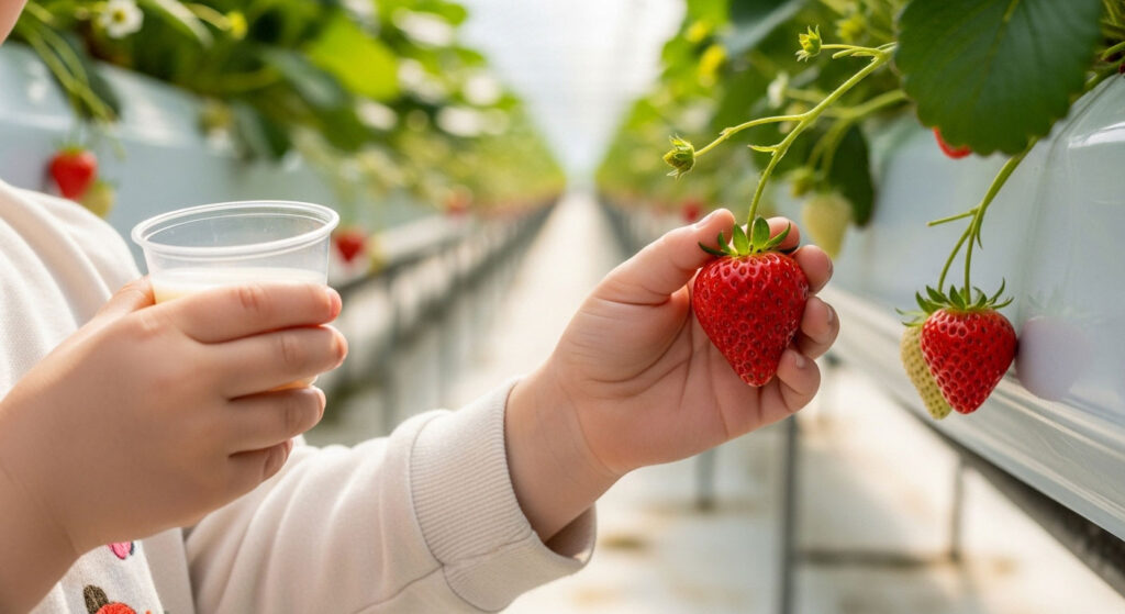 練乳カップを持っていちごをつむ
