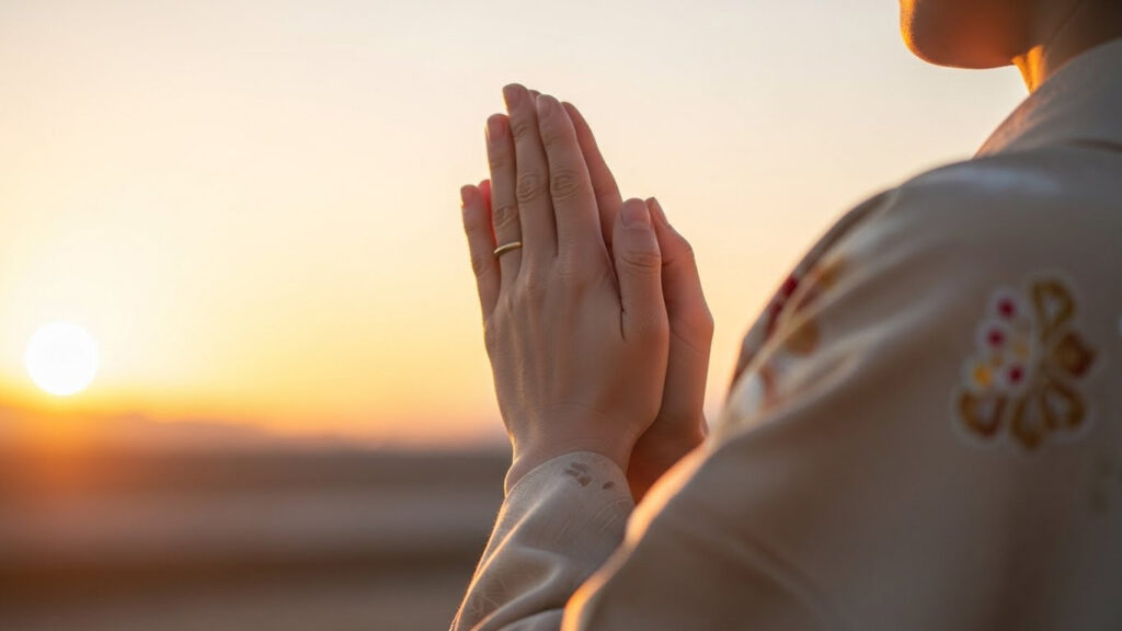 初日の出を拝む(合掌)様子